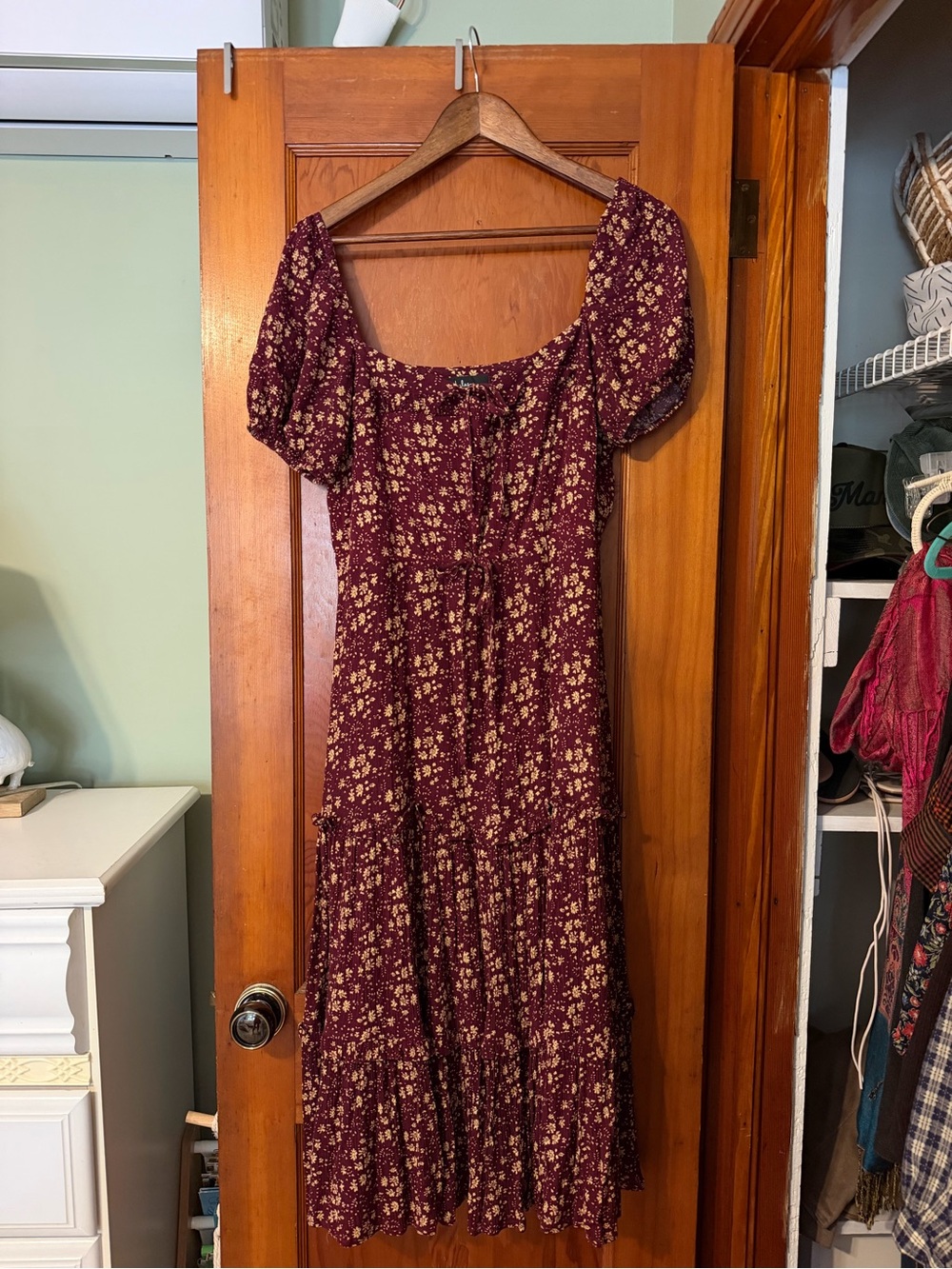 lulus Meadow Muse Burgundy Floral Tie-Back Puff Sleeve Midi Dress Midi Dress- WO